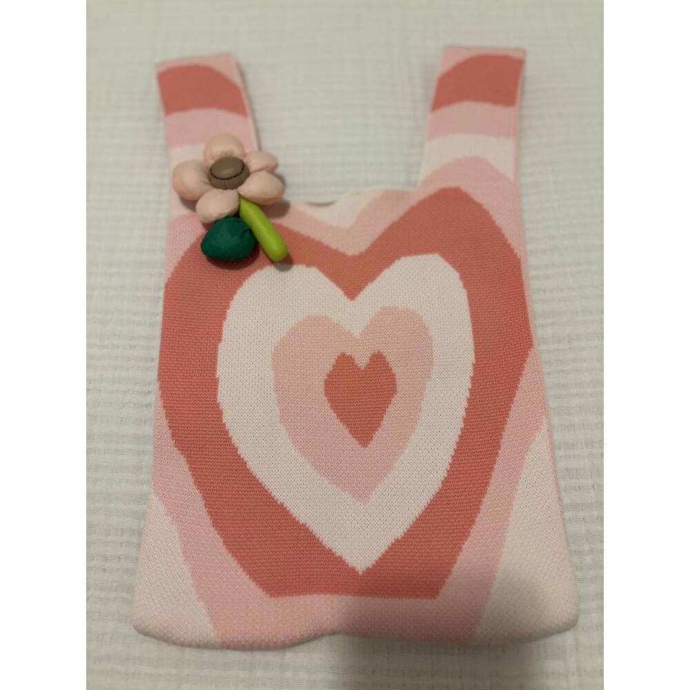 Love Yourself Pink and Coral Heart Patterned Knit Tote Bag with Flower Pin